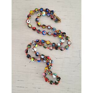 Vintage Hand Knotted Venetian Millefiori Murano Glass Beaded Necklace